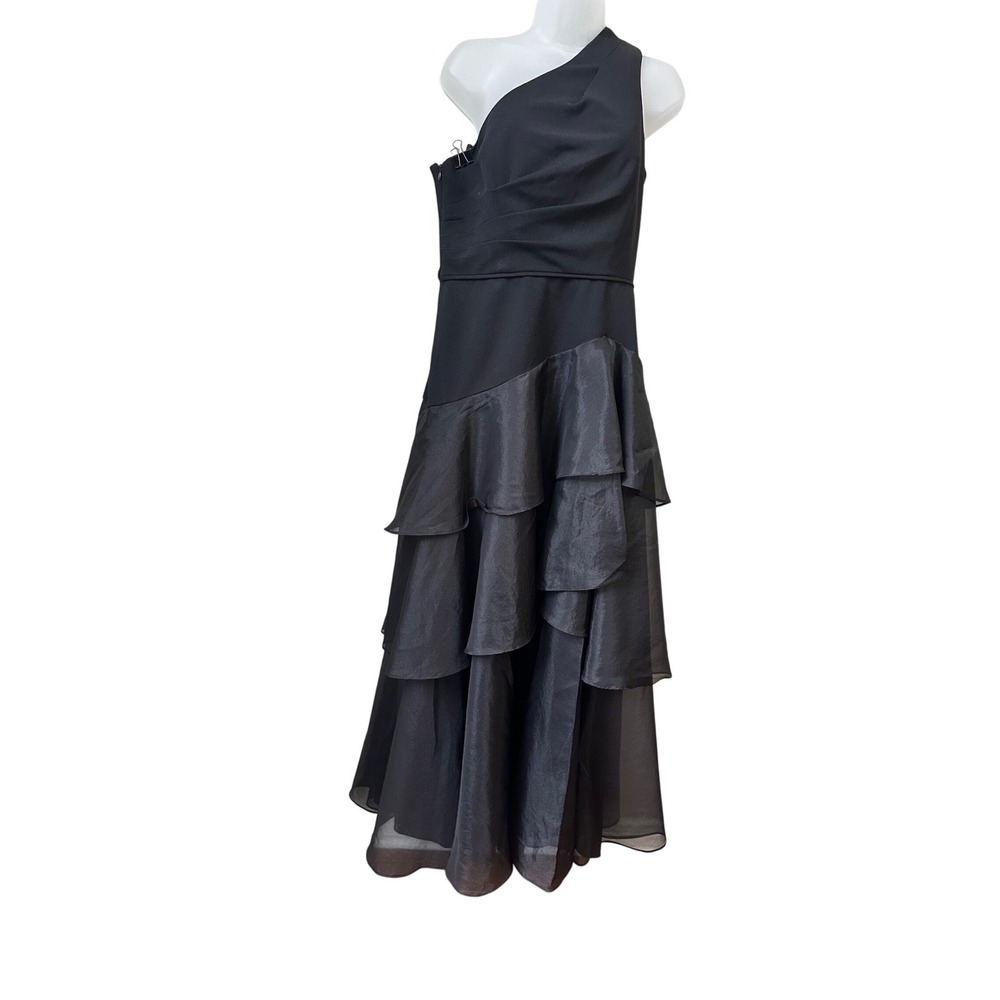 Aidan Mattox Adrianna Papell Black One Shoulder Tiered Ruffle Gown Dress 10
